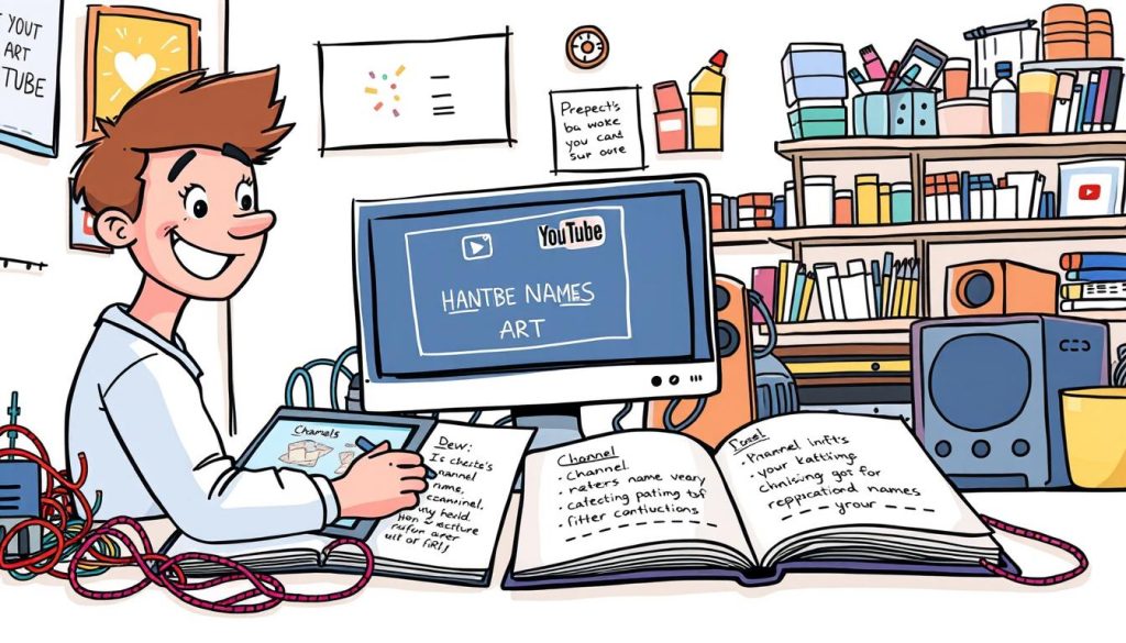 A vibrant, hand-drawn cartoon scene depicting the early steps of starting a YouTube art channel. In the foreground, a cheerful artist sits in front of a computer, sketching ideas on a tablet. Beside them, a tangle of colorful cables and equipment symbolizes the technical setup. In the middle ground, an open notebook showcases brainstormed channel names and concepts. In the background, shelves hold an array of art supplies and references, hinting at the creative content to come. Soft, natural lighting casts a warm, inspiring glow over the entire scene, reflecting the excitement and passion of the artistic endeavor. A vibrant, hand-drawn cartoon scene depicting the early steps of starting a YouTube art channel. In the foreground, a cheerful artist sits in front of a computer, sketching ideas on a tablet. Beside them, a tangle of colorful cables and equipment symbolizes the technical setup. In the middle ground, an open notebook showcases brainstormed channel names and concepts. In the background, shelves hold an array of art supplies and references, hinting at the creative content to come. Soft, natural lighting casts a warm, inspiring glow over the entire scene, reflecting the excitement and passion of the artistic endeavor.