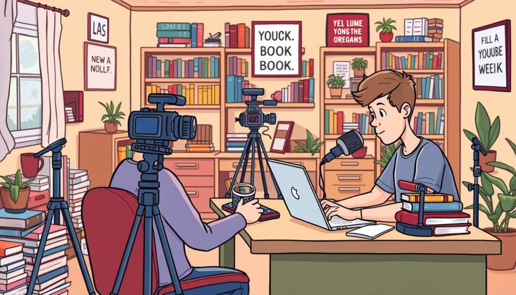 A vibrant, hand-drawn cartoon scene depicting the launch of a YouTube channel focused on book reviews for adults. In the foreground, a person sits at a desk, intently crafting a video script on a laptop, surrounded by a cozy assortment of books and a professional microphone. In the middle ground, an array of video recording equipment, including a camera, lighting, and other production tools, are neatly arranged. The background showcases a warm, inviting home office space, with bookshelves, plants, and motivational wall art. The overall mood is one of creativity, dedication, and a passion for sharing literary insights with an engaged audience.