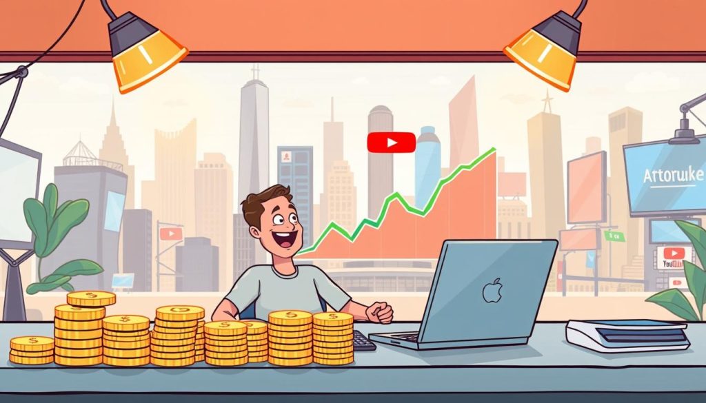 A vibrant, hand-drawn cartoon scene depicting the process of calculating YouTube channel revenue. In the foreground, an enthusiastic YouTuber sits at a desk, surrounded by stacks of coins, a laptop, and a calculator. The middle ground showcases a graph charting channel analytics and monetization metrics. In the background, a bustling cityscape with skyscrapers and billboards symbolizes the broader digital landscape. The lighting is warm and inviting, with a soft, pastel color palette that conveys a sense of playfulness and accessibility. The overall composition is dynamic and visually engaging, capturing the excitement and financial potential of a successful YouTube channel.