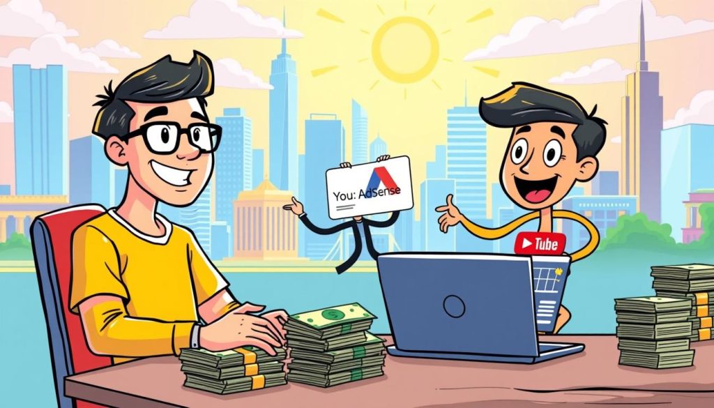 A vibrant, hand-drawn cartoon scene depicting the process of earning revenue from a YouTube channel and AdSense services. In the foreground, a cheerful, bespectacled YouTuber sits at a desk, surrounded by stacks of dollar bills and a laptop displaying YouTube analytics. In the middle ground, a playful AdSense mascot character interacts with the YouTuber, guiding them through the monetization process. The background features a colorful, stylized cityscape with skyscrapers, clouds, and a bright, sunlit atmosphere, conveying a sense of success and prosperity. The overall mood is upbeat, energetic, and visually engaging, capturing the excitement of earning income from online content creation.