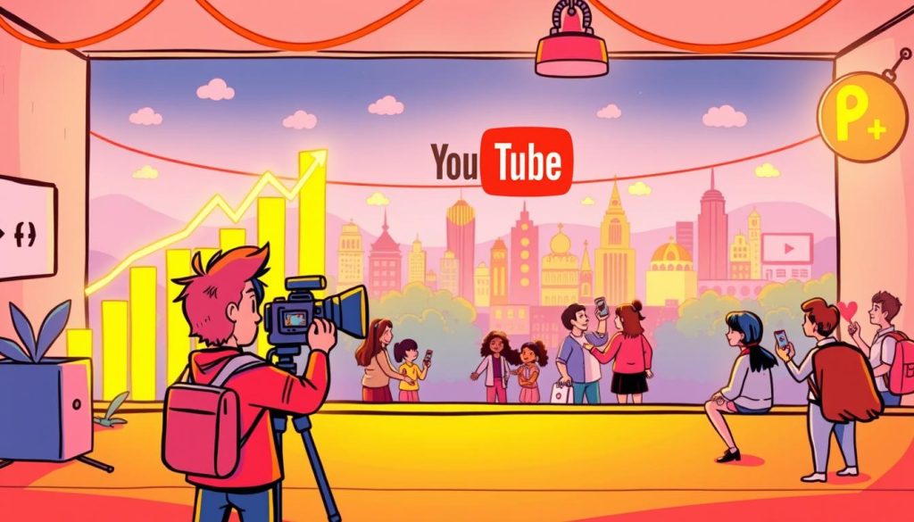 A vibrant, hand-drawn cartoon scene of a steadily growing YouTube channel. In the foreground, a friendly YouTuber character enthusiastically films content, surrounded by glowing, rising viewership metrics. In the middle ground, an engaged community of viewers interacts with the channel, sharing likes, comments, and subscriptions. In the background, a colorful, stylized cityscape represents the channel's expanding online presence and reach. Warm, playful lighting illuminates the scene, conveying a sense of growth, energy, and optimism.