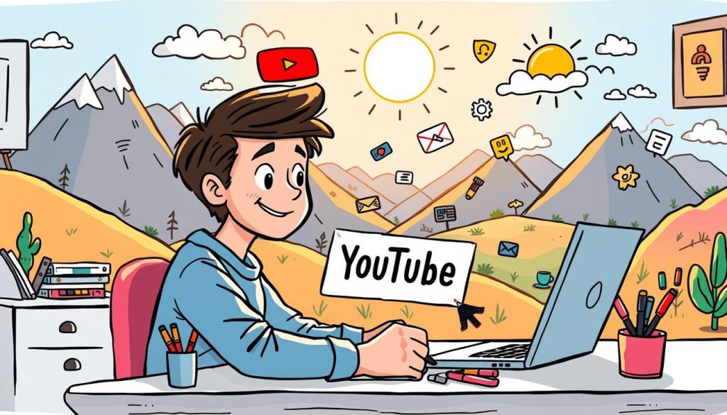 A vibrant, hand-drawn cartoon scene showcasing the creation of a distinct YouTube channel identity. In the foreground, a young person sits at a desk, surrounded by creative tools like a sketchpad, markers, and a laptop. Their expression is focused as they design a unique channel logo and branding elements. In the middle ground, various icons and illustrations representing different content types float around, hinting at the diverse offerings of the channel. The background features a colorful, whimsical landscape with mountains, clouds, and a sun shining brightly, conveying a sense of positivity and inspiration. The lighting is warm and inviting, creating a cheerful, optimistic atmosphere that captures the essence of building a standout YouTube presence. A vibrant, hand-drawn cartoon scene showcasing the creation of a distinct YouTube channel identity. In the foreground, a young person sits at a desk, surrounded by creative tools like a sketchpad, markers, and a laptop. Their expression is focused as they design a unique channel logo and branding elements. In the middle ground, various icons and illustrations representing different content types float around, hinting at the diverse offerings of the channel. The background features a colorful, whimsical landscape with mountains, clouds, and a sun shining brightly, conveying a sense of positivity and inspiration. The lighting is warm and inviting, creating a cheerful, optimistic atmosphere that captures the essence of building a standout YouTube presence.