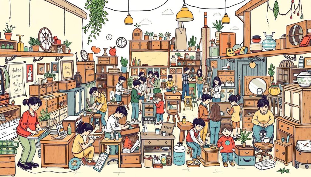 A vibrant, hand-drawn illustration depicting a diverse community of people engaged in the act of restoring and reviving vintage and antique items. The foreground features a group of individuals collaboratively working on a range of vintage objects, each person contributing their unique skills and expertise. The middle ground showcases a bustling hub of activity, with people sharing knowledge, exchanging ideas, and offering support to one another. In the background, a warm, cozy atmosphere sets the tone, with a mix of natural and industrial elements, creating a sense of homey, inviting space for the community to thrive. The overall scene conveys a spirit of camaraderie, passion, and a shared appreciation for the beauty and history of these cherished antique items.