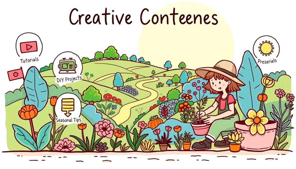 A vibrant, hand-drawn illustration depicting creative content ideas for a gardening and landscape design YouTube channel. In the foreground, a whimsical gardener tending to colorful plants and flowers, surrounded by playful icons representing different content types - tutorials, DIY projects, garden tours, and seasonal tips. The middle ground features a lush, stylized garden landscape with winding paths and a variety of flora. The background showcases a bright, sunlit sky with fluffy clouds, creating a cheerful, inspirational atmosphere. The overall style is a charming, cartoon-like aesthetic that engages the viewer and aligns with the channel's focus on accessible, educational content.
