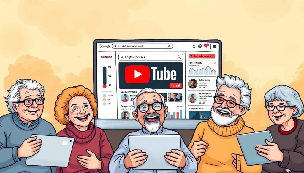 A vibrant, hand-drawn illustration depicting the advantages of running a YouTube channel in one's later years. The foreground showcases a diverse group of enthusiastic seniors, each engaged in different digital skills - from video editing to content creation, their faces alight with joy and a sense of accomplishment. The middle ground features a stylized YouTube interface, with an array of analytics and subscriber metrics displayed, highlighting the channel's growth and impact. The background blends warm, earthy tones, creating a cozy, welcoming atmosphere that symbolizes the fulfillment and community found through this digital endeavor. The overall composition conveys the empowerment, creativity, and sense of purpose that can be unlocked by establishing a YouTube channel in the prime of one's life.