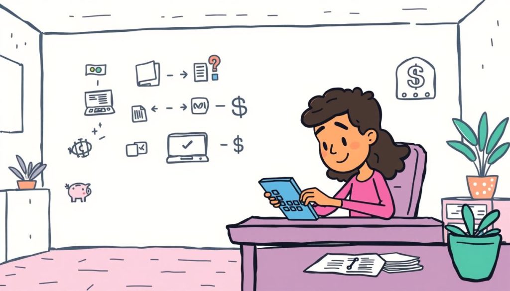 A vibrant, hand-drawn illustration depicting the calculation of a person's estimated income. In the foreground, a character sits at a desk, intently focused on a calculator and financial documents. The middle ground showcases various icons and symbols representing different income streams, such as a laptop, piggy bank, and dollar signs. The background features a minimalist, pastel-colored environment with subtle patterns and textures, creating a calming and organized atmosphere. The overall style is whimsical and accessible, with a touch of playfulness to convey the approachable nature of personal finance management.