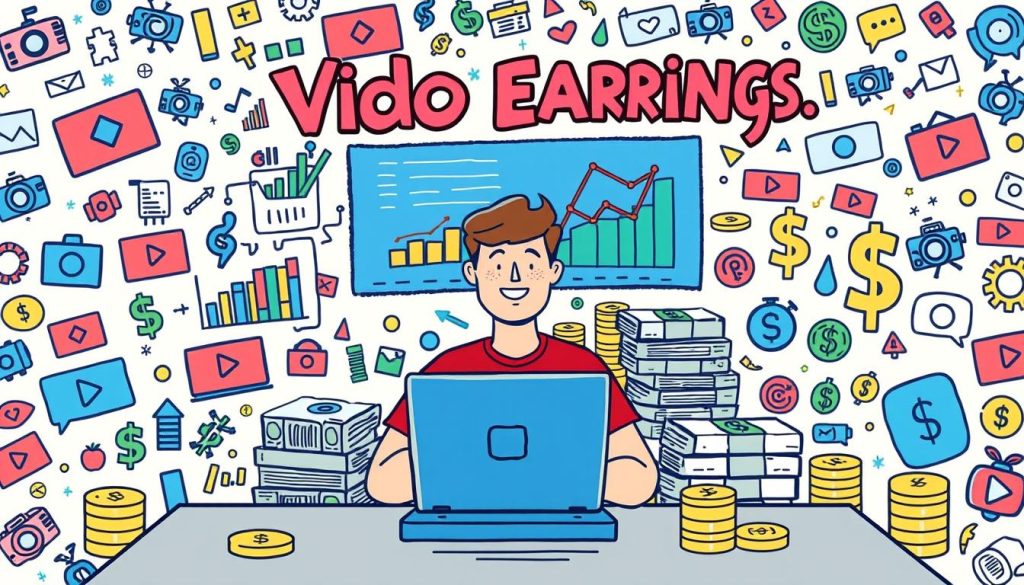 A vibrant, hand-drawn illustration depicting the calculation of video earnings. In the foreground, a stylized YouTuber sits at a desk, laptop open, surrounded by colorful charts and graphs visualizing video analytics and monetization data. In the middle ground, stacks of dollar bills and coins symbolize the revenue generated. The background features a playful, abstract pattern of video thumbnails, camera icons, and dollar signs, creating a dynamic, energetic composition. The overall scene conveys the excitement and potential of earning income from video content creation, with a whimsical, cartoon-inspired aesthetic.