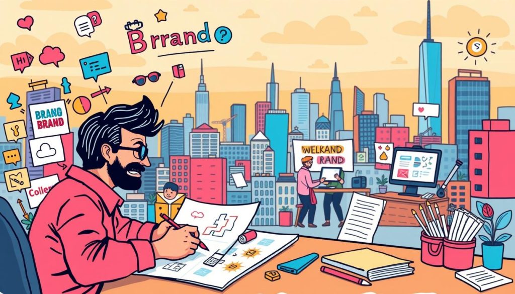 A vibrant, hand-drawn illustration depicting the process of building a strong brand. In the foreground, a determined business owner sketches logo designs and brainstorms brand concepts, surrounded by colorful icons and symbols representing the key elements of branding - typography, color palette, imagery, and identity. In the middle ground, a team of creatives collaborate, refining the brand assets and strategizing marketing campaigns. In the background, a bustling cityscape serves as the backdrop, conveying a sense of growth, opportunity, and the vibrant entrepreneurial spirit. Warm, saturated hues and a playful, whimsical aesthetic create an energetic, inspiring mood, reflecting the excitement and potential of crafting a powerful brand.