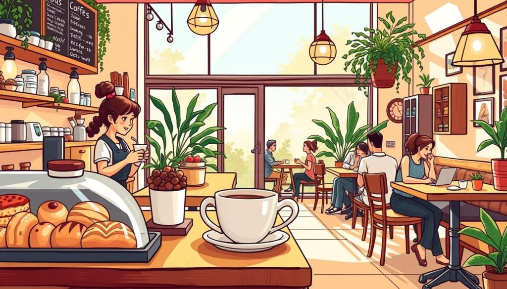 A vibrant, hand-drawn illustration of a cozy coffee shop interior, with a welcoming barista behind the counter preparing a delightful cup of aromatic coffee. The foreground features an array of tempting pastries and baked goods, while the middle ground showcases customers seated at quaint tables, engaged in lively conversations. The background depicts a warm, sun-drenched atmosphere, with plants, wooden accents, and soft lighting creating a charming, inviting ambiance. The overall mood is cheerful, inviting, and captures the essence of an engaging, coffee-centric vlog experience.