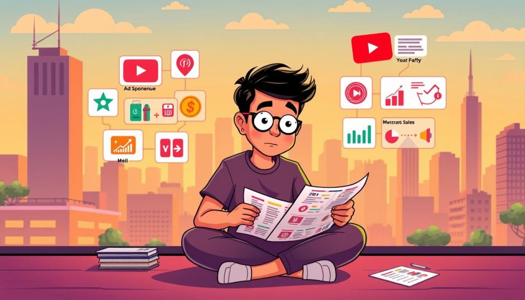 A vibrant illustration depicting a YouTuber meticulously analyzing their channel's revenue streams. In the foreground, the YouTuber sits cross-legged, poring over spreadsheets and financial data, their expression one of deep concentration. The middle ground features various colorful icons and infographics representing different monetization methods, such as ad revenue, sponsorships, and merchandise sales. In the background, a stylized cityscape provides a dynamic, cartoon-inspired setting, hinting at the broader online landscape the YouTuber navigates. Warm, diffused lighting casts a contemplative mood, as the YouTuber seeks to unlock the secrets of sustainable YouTube income. A vibrant illustration depicting a YouTuber meticulously analyzing their channel's revenue streams. In the foreground, the YouTuber sits cross-legged, poring over spreadsheets and financial data, their expression one of deep concentration. The middle ground features various colorful icons and infographics representing different monetization methods, such as ad revenue, sponsorships, and merchandise sales. In the background, a stylized cityscape provides a dynamic, cartoon-inspired setting, hinting at the broader online landscape the YouTuber navigates. Warm, diffused lighting casts a contemplative mood, as the YouTuber seeks to unlock the secrets of sustainable YouTube income.