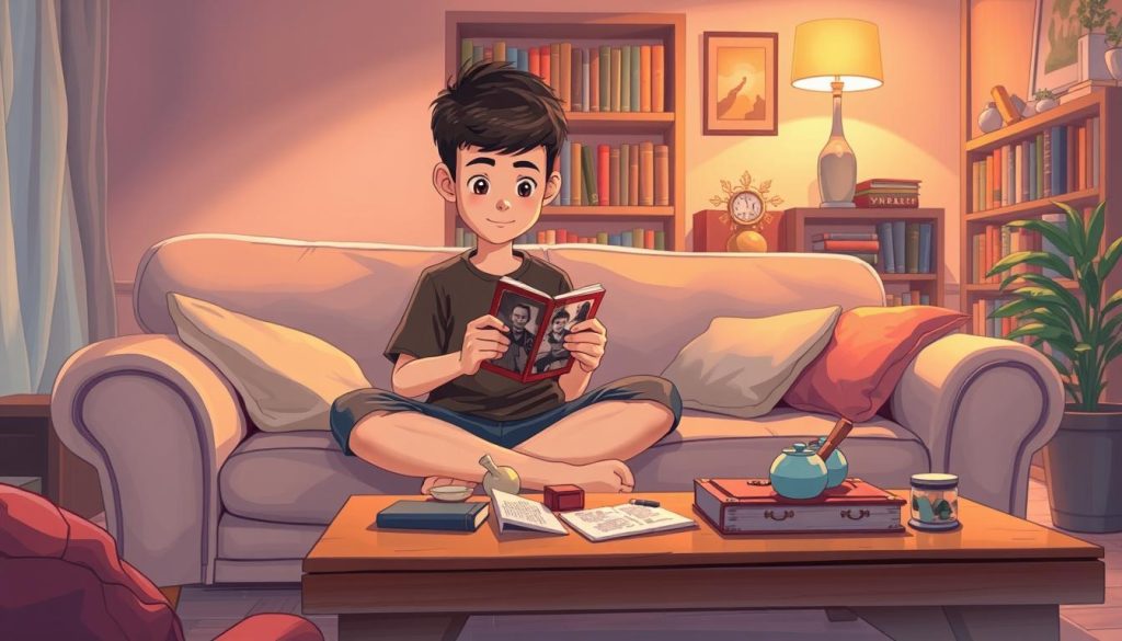 A vibrant illustration depicting a cozy, nostalgic living room scene. In the foreground, a young person sits cross-legged on a plush sofa, captivated by a vintage photograph in their hands. The middle ground showcases mementos and trinkets scattered across a wooden coffee table, evoking a sense of warmth and personal history. In the background, bookshelves line the walls, their spines hinting at stories and memories waiting to be rediscovered. The lighting is soft and diffused, creating a dreamlike atmosphere that invites the viewer to pause and reflect on their own cherished recollections. The overall composition conveys the intimate, personal nature of the "روایت‌های شخصی" that the article aims to explore.
