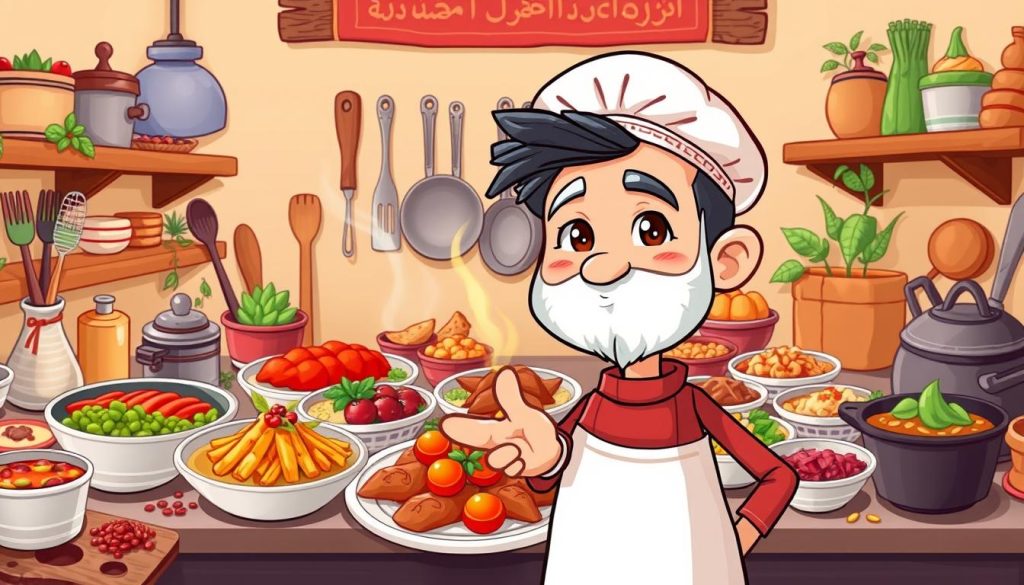 A vibrant illustration depicting a traditional Iranian kitchen, showcasing an array of mouthwatering homemade dishes. In the foreground, a dynamic character with an inviting expression gestures towards the culinary delights, capturing the viewer's attention. The middle ground features a visually engaging layout of various cooking implements, spices, and ingredients, creating a sense of culinary artistry. The background blends warm hues and soft, illustrated elements, establishing a cozy, welcoming atmosphere. The overall composition aims to evoke a sense of authentic, traditional Iranian cuisine, drawing the viewer in and fostering a deeper connection with the content.