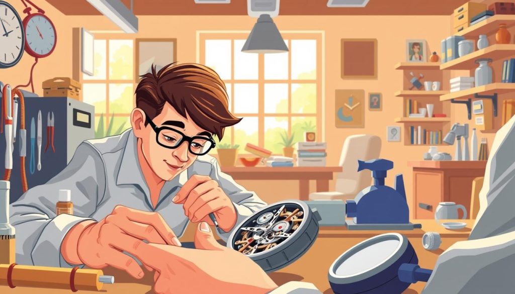 A vibrant illustration depicting the intricate art of timepiece repair. In the foreground, a skilled technician carefully disassembles a delicate watch mechanism, their focused gaze and nimble fingers showcasing the precision required. The middle ground reveals an array of specialized tools, each designed to address the unique challenges of horology. In the background, a warm, inviting workspace filled with natural light, creating an atmosphere of calm concentration. The overall scene conveys the patience, attention to detail, and technical expertise necessary for the successful restoration of these captivating timepieces.