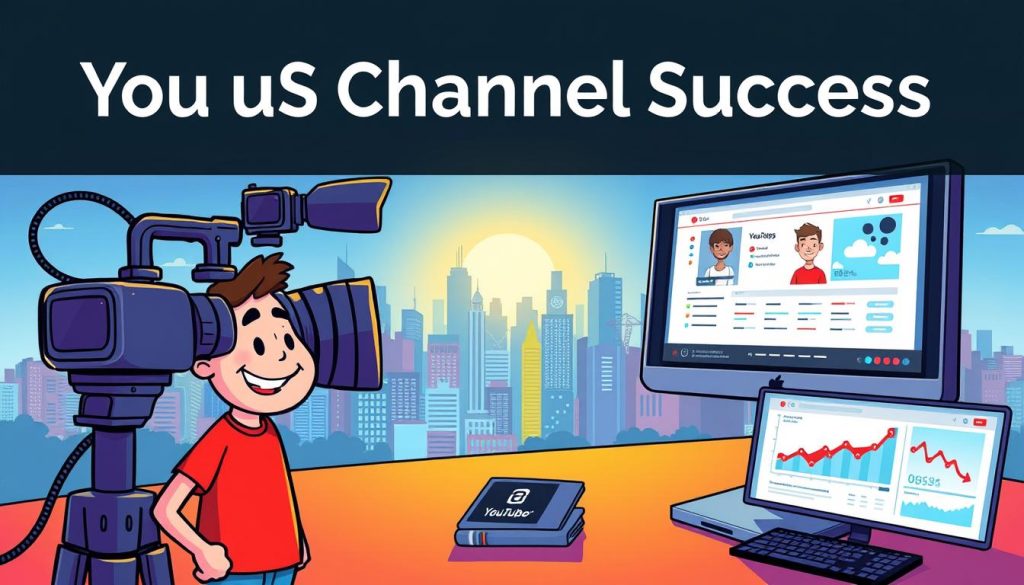 A vibrant illustration depicting the key factors for YouTube channel success. In the foreground, a friendly cartoon character guides the viewer through the essential elements - a camera capturing high-quality footage, a smiling presenter engaging the audience, and a computer screen showcasing channel analytics. The middle ground features a bustling city skyline, symbolizing the competitive online landscape. In the background, a glowing sun casts a warm, inspiring glow, hinting at the potential for growth and recognition. The scene conveys an upbeat, motivational atmosphere, encouraging the viewer to embrace the creativity and strategy needed to thrive on the YouTube platform.
