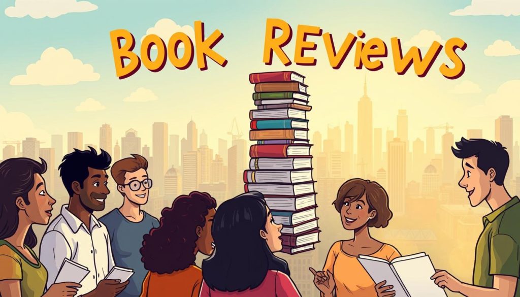 A vibrant illustration depicting the profound social and cultural impact of book reviews. In the foreground, a diverse group of individuals engages in lively discussions, their faces alight with intellectual curiosity. In the middle ground, a towering stack of books represents the wealth of knowledge being shared and analyzed. The background showcases a bustling cityscape, symbolizing the far-reaching influence of literary critique within the community. The scene is bathed in warm, inviting lighting, conveying a sense of enlightenment and intellectual growth. Drawn in a whimsical, cartoon-like style, the image captures the joy and excitement of discovering new perspectives through the power of the written word.