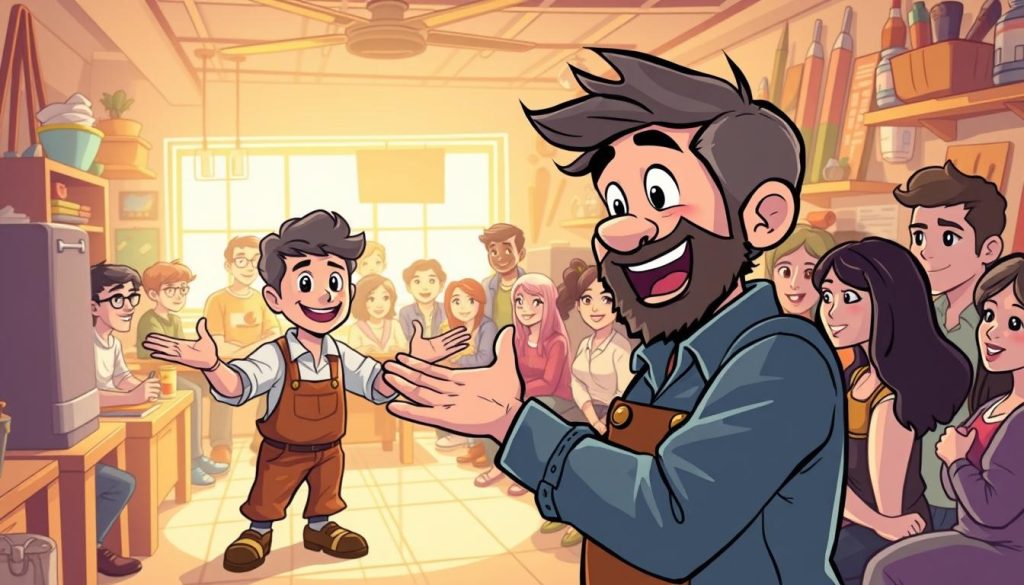 A vibrant illustration of a YouTube content creator captivating their audience. In the foreground, a lively cartoon character - a cobbler passionate about shoe repair - gestures expressively, engaging the viewer with a charismatic performance. The middle ground features a diverse group of attentive, animated viewers, their eyes fixed on the charismatic host. The background depicts a cozy, inviting workshop setting, filled with tools and materials, creating an atmosphere of creativity and expertise. Soft, warm lighting illuminates the scene, heightening the sense of connection and enthusiasm. The overall composition conveys the energy and dynamism of an effective YouTube content strategy, designed to attract and captivate a target audience.