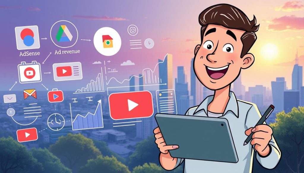 A vibrant illustration of a YouTube creator's journey with AdSense services and monetization. In the foreground, a cheerful animator sketches on a tablet, surrounded by stylized icons representing AdSense, ad revenue, and video analytics. The middle ground features a dynamic display of charts, graphs, and financial data, conveying the process of tracking and optimizing YouTube earnings. In the background, a serene cityscape with skyscrapers and a sun-dappled sky sets the scene, evoking a sense of professional success and growth. The overall mood is one of excitement, opportunity, and the thrill of turning a passion into a thriving online business.