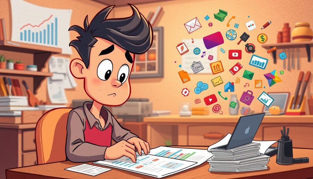 A vibrant illustration of a YouTuber critically analyzing their revenue stream. In the foreground, a whimsical cartoon character sits at a desk, surrounded by charts, graphs, and financial documents. The character's expression conveys deep contemplation as they pore over the data, their brow furrowed in concentration. In the middle ground, an array of colorful icons and symbols representing various monetization strategies - AdSense, sponsorships, merchandise, and more - float and dance around the central figure. The background is a warm, textured workspace, complete with shelves, tools, and a cozy atmosphere, hinting at the YouTuber's creative endeavors. The lighting is soft and inviting, casting a thoughtful glow over the scene. This illustration captures the essence of the YouTuber's journey in understanding and optimizing their income.