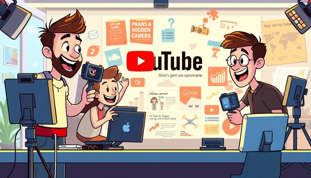 A vibrant illustration of a dynamic YouTube channel, featuring a group of cartoon characters engaging in a lively online video shoot. Set against a backdrop of a modern, tech-savvy workspace, the foreground showcases the characters actively promoting their channel, using various digital devices and social media platforms to drive traffic and engagement. The lighting is bright and natural, with a focus on the characters' expressive faces and gestures, conveying a sense of enthusiasm and excitement. The middle ground presents a array of colorful, eye-catching graphics and infographics, highlighting key strategies for building a successful YouTube presence. The background subtly incorporates elements of the article's subject, such as playful, humorous interactions between the characters, reflecting the "pranks and hidden camera" theme. The overall atmosphere is energetic, dynamic, and visually captivating, capturing the essence of managing and driving traffic to a thriving YouTube channel.