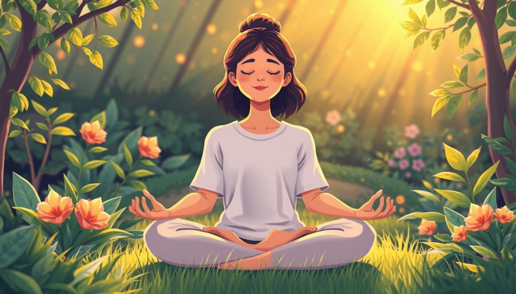 A vibrant illustration of a person meditating in a serene garden, surrounded by lush greenery and calming nature. The figure is depicted in a soft, dreamlike style, exuding a sense of inner peace and emotional well-being. The background features a warm, golden-hued lighting, creating a comforting and rejuvenating atmosphere. The overall composition conveys the successful experience of maintaining mental health and self-care, with a focus on the positive, nurturing effects of mindfulness and connection with the natural world.