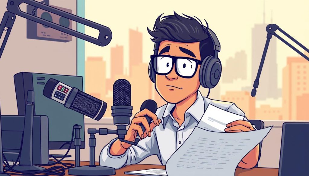 A vibrant illustration of a professional podcaster meticulously calculating their potential earnings, surrounded by a dynamic array of microphones, audio equipment, and a sleek, minimalist workspace. The scene exudes a sense of focus and financial acumen, with the podcaster's expression conveying deep contemplation as they navigate the complexities of monetizing their creative endeavors. The background features a softly blurred cityscape, hinting at the broader context and opportunities within the podcasting industry. The overall tone is one of thoughtful consideration, blending the technical and the artistic aspects of building a successful podcast venture.
