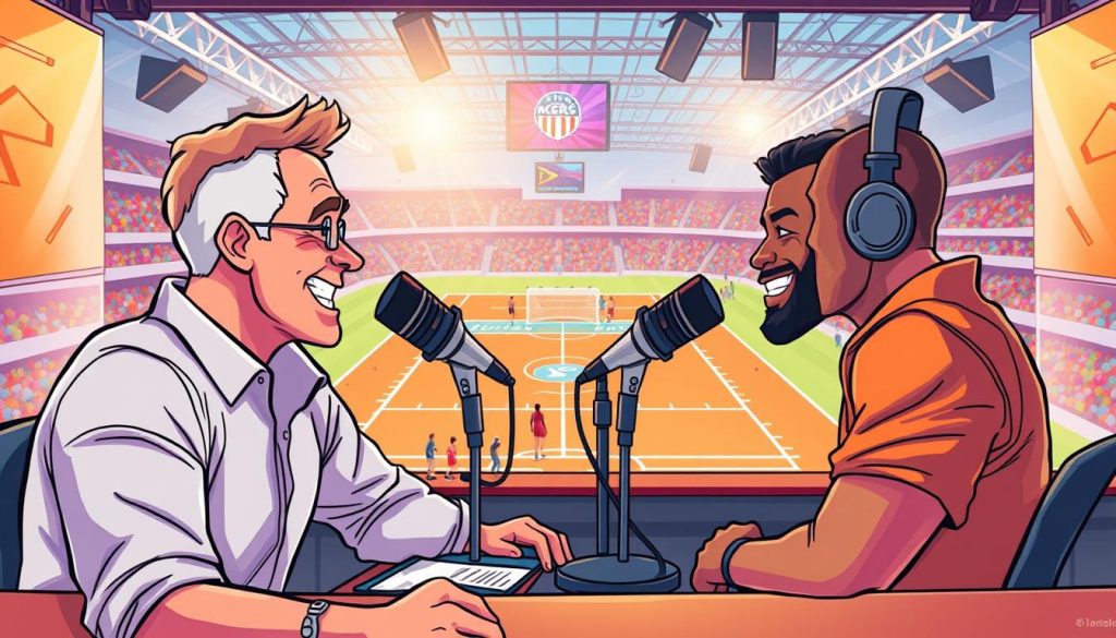 A vibrant illustration of an athlete podcast studio, captured through a dynamic camera angle. In the foreground, a charismatic host engages in a lively discussion with a renowned sportsperson, their expressions animated and engaging. The middle ground features a well-equipped podcast setup, with high-quality microphones, lighting, and sound equipment, creating an immersive atmosphere. The background showcases a stylized, cartoon-like representation of a sports arena, with vibrant colors and energetic visuals, hinting at the diverse range of topics to be explored in the podcast. The overall scene radiates a sense of enthusiasm, professionalism, and the excitement of sharing the stories and insights of the athletic world.