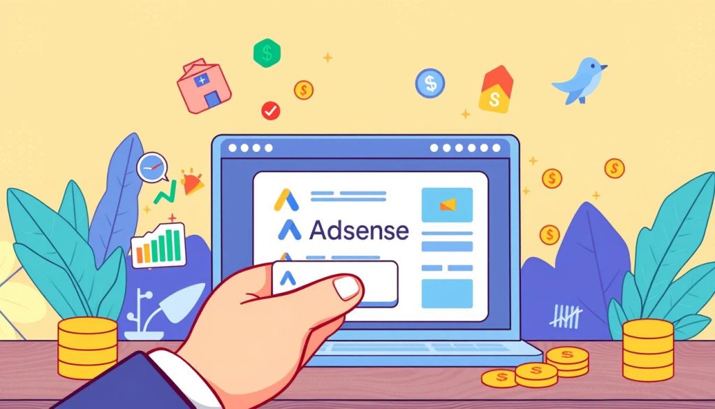 A vibrant illustration of financial services, depicting a stylized AdSense platform with playful icons and graphical elements. The foreground showcases a hand submitting a request for AdSense revenue, surrounded by colorful charts, coins, and dollar signs, conveying the joy and anticipation of earning income. The middle ground features a minimalist user interface with sleek, modern design, while the background has a warm, textured gradient, creating a sense of depth and professionalism. The overall mood is one of optimism, innovation, and the empowerment of content creators, reflecting the theme of the article's section on AdSense services and revenue streams.