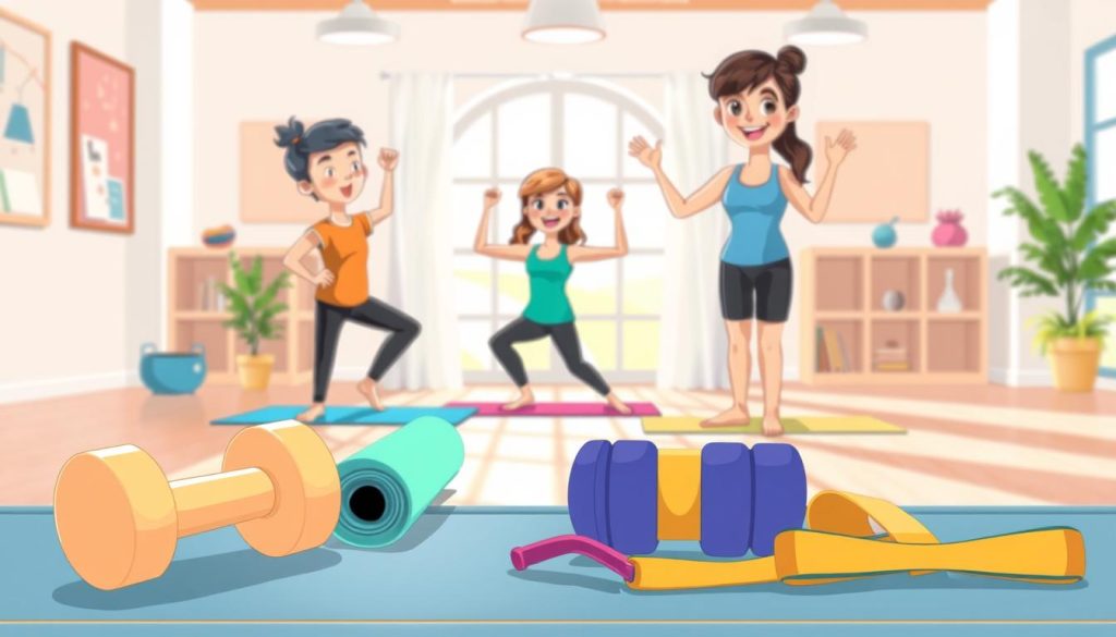 A vibrant illustration of simple, versatile fitness equipment in a cheerful, inviting setting. In the foreground, a set of light dumbbells, yoga mats, and resistance bands are neatly arranged, conveying a sense of accessibility and ease. The middle ground features a pair of cartoon characters, one male and one female, engaged in light exercises like stretching and bodyweight routines, their expressions joyful and energized. The background depicts a bright, airy indoor space with natural lighting streaming in, creating a serene, motivating atmosphere. The overall scene emphasizes the approachability and enjoyment of basic, equipment-free fitness for active adults.