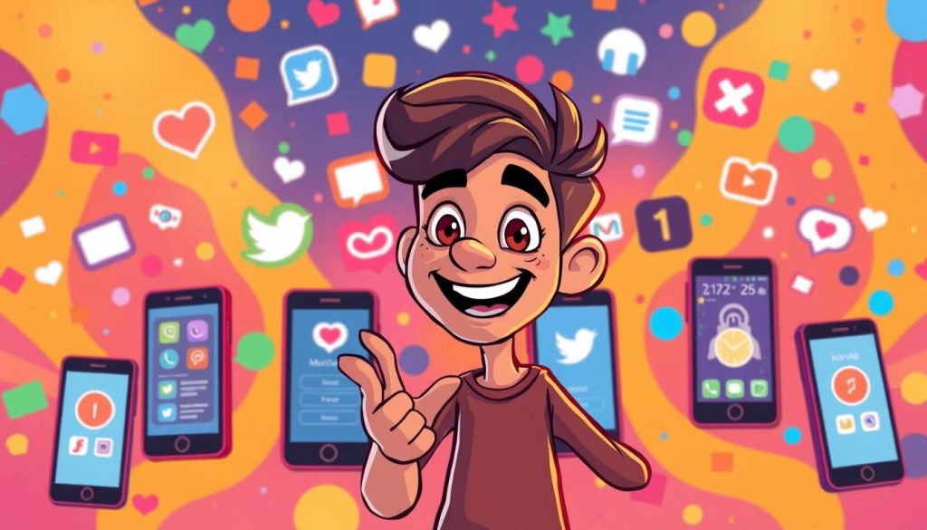 A vibrant illustration of social media engagement, depicting a captivating character interacting with various digital platforms. Foreground showcases a stylized figure, animated and expressive, gesturing dynamically to draw in the viewer. Middle ground features an array of smartphone screens, each displaying social media icons and content, creating a sense of interactive connectivity. The background is filled with a lively, abstract pattern of shapes and colors, conveying the energetic and engaging nature of online platforms. Warm, inviting lighting casts a vibrant glow, while the overall composition and cartoon-inspired aesthetic evoke a sense of playfulness and approachability.