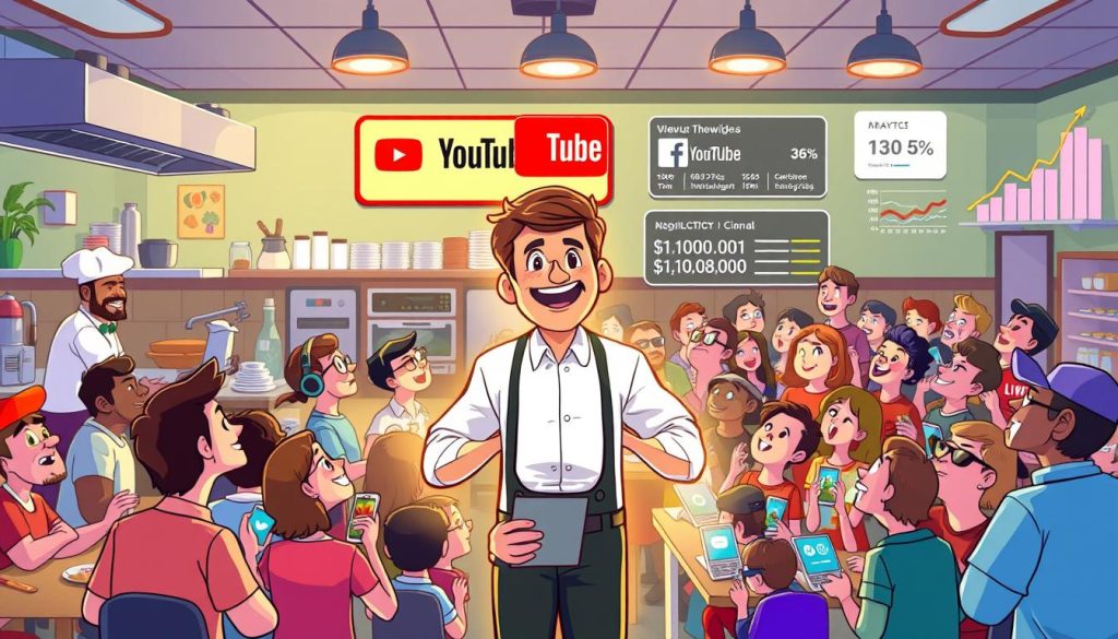 A vibrant illustration showcasing a bustling restaurant kitchen, with chefs in action and customers eagerly awaiting their orders. The foreground features an animated, engaging YouTube host presenting the behind-the-scenes magic, captivating the audience with their charming personality. The middle ground depicts a growing crowd of viewers, their faces lit with excitement, as they engage with the content on a range of devices. In the background, social media platforms and analytics charts display rising viewer numbers and engagement metrics, highlighting the successful growth of the channel. The overall scene conveys a sense of energy, enthusiasm, and the thrilling journey of building a captivating online presence for a local restaurant.