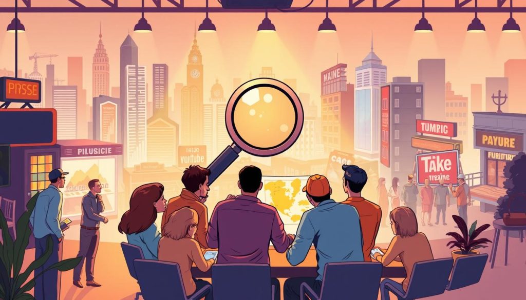 A vibrant illustration showcasing the market research and target audience identification process. In the foreground, a team of diverse individuals huddled around a table, analyzing data and brainstorming ideas. The middle ground features a magnifying glass hovering over a map, highlighting the search for the ideal niche. In the background, a bustling cityscape with skyscrapers and various shops, representing the broader market landscape. The scene is illuminated by warm, ambient lighting, conveying a sense of focus and discovery. The overall atmosphere is one of collaborative exploration, aiming to uncover the perfect target audience for the YouTube channel dedicated to furniture restoration and repair.