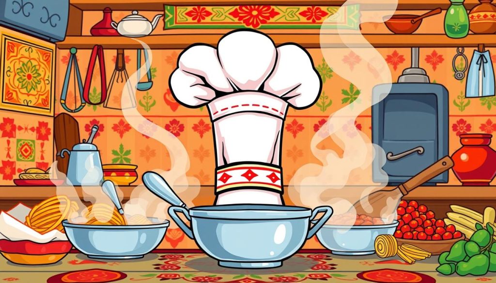 A vibrant illustration showcasing the selection of an optimal YouTube channel name for traditional Iranian cuisine and homemade dishes. In the foreground, a stylized chef's hat and cooking utensils symbolize the culinary focus, surrounded by a middle ground of colorful Persian motifs and patterns. The background depicts a lively kitchen scene, with steam billowing from pots and pans, creating a warm, inviting atmosphere. The overall composition conveys a sense of creativity, heritage, and the joyful pursuit of sharing cherished family recipes through a captivating visual narrative.