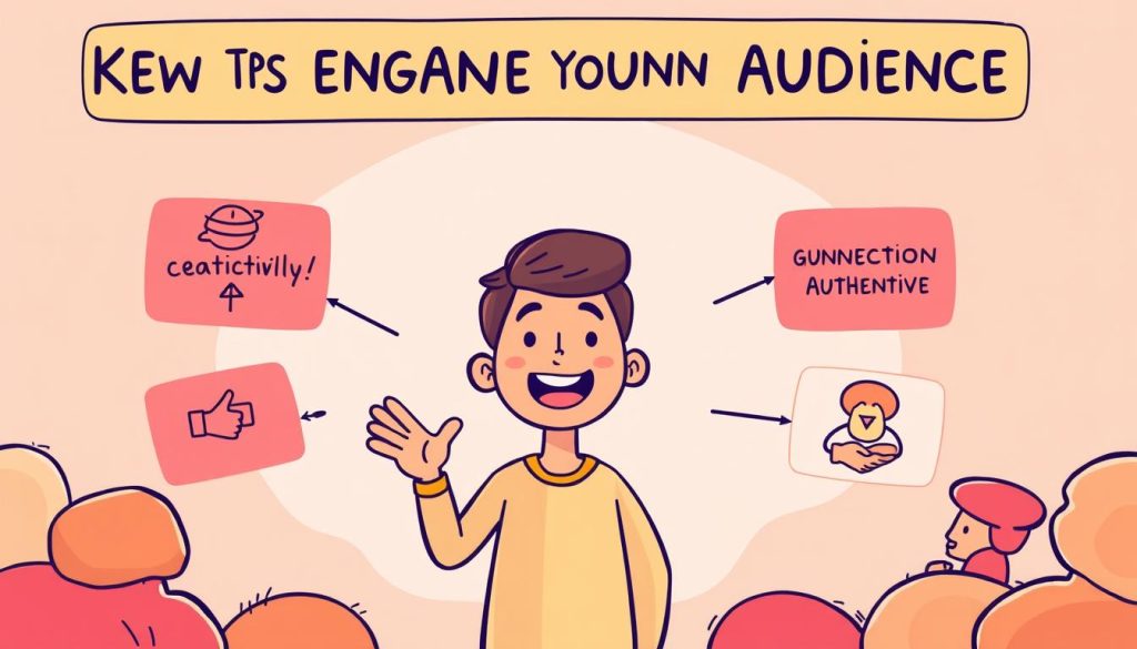A vibrant, minimalist illustration showcasing key tips for engaging an audience. Depicting a friendly, approachable character in a warm, inviting color palette. The foreground features the character gesturing expressively, surrounded by simple, geometric shapes that represent core concepts like creativity, connection, and authenticity. The middle ground includes a subtly patterned background, hinting at a sense of movement and energy. The overall mood is one of enthusiasm and inspiration, encouraging the viewer to connect with the content in a meaningful way.