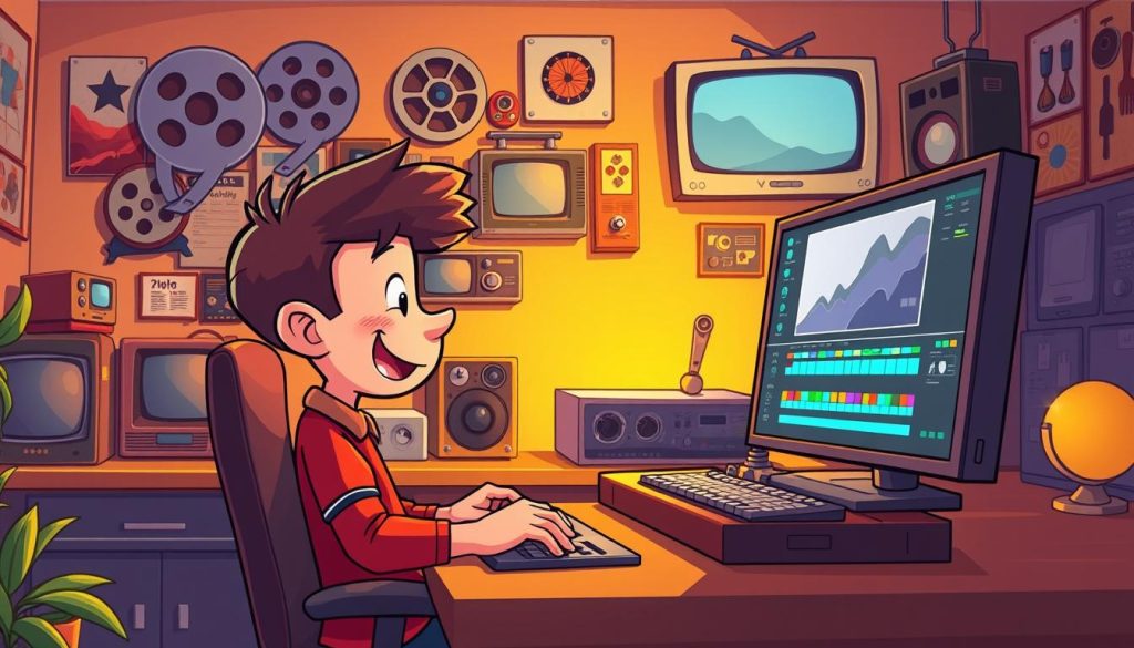A vibrant, nostalgic scene depicting the art of video editing. In the foreground, a playful, cartoon-style character sits at a desk, meticulously adjusting the various tools and sliders of a video editing software. The middle ground showcases a collage of vintage film reels, retro video cassettes, and classic TV sets, hinting at the rich history of visual media. The background features a warm, saturated color palette, evoking a sense of fond reminiscence and creative inspiration. Soft, diffused lighting casts a dreamlike glow, capturing the allure of crafting captivating video content. The composition emphasizes the joy and artistry of the video editing process, inviting the viewer to explore the wonders of this timeless craft.