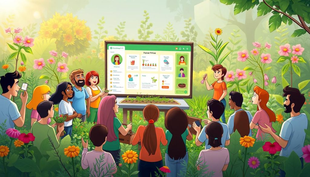 A vibrant online community of gardening enthusiasts, with colorful cartoon characters gathered around a central hub. The foreground features friendly, diverse individuals sharing gardening tips and techniques. The middle ground showcases a digital platform with intuitive navigation, social interaction features, and a wealth of gardening resources. In the background, a lush, stylized garden scene with blooming flowers, verdant plants, and a serene atmosphere. Soft, warm lighting illuminates the scene, creating a welcoming and inviting atmosphere that encourages engagement and collaboration within the online gardening community.