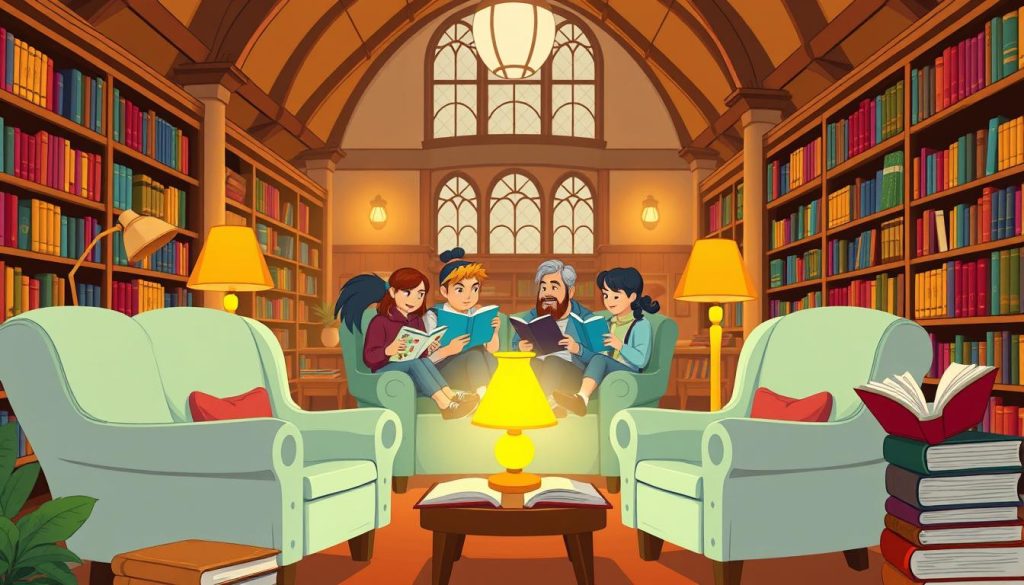 A vibrant, playful book-themed illustration of a YouTube channel's visual identity. In the foreground, a cozy reading nook with plush armchairs, bookshelves, and a glowing table lamp. In the middle ground, a group of animated, book-reading characters engaged in lively discussion. The background features a warm, inviting library setting with high ceilings, large windows, and a hint of antiquity. The overall mood is one of intellectual curiosity, literary exploration, and creative community. The lighting is soft and warm, casting a gentle glow throughout the scene. The camera angle is slightly elevated, giving a sense of depth and immersion.