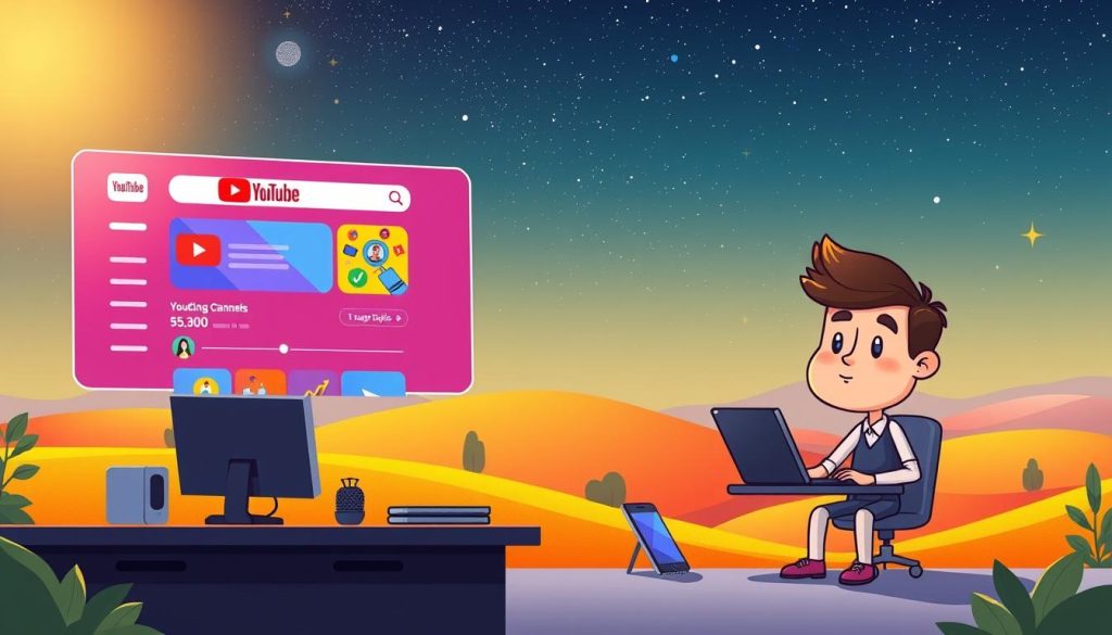 A vibrant, playful illustration of a YouTube SEO concept. In the foreground, a friendly cartoon character sits at a desk, surrounded by search engine optimization icons and digital devices. The middle ground features a colorful, abstract YouTube interface, with trending topics and analytics data. In the background, a stylized landscape of rolling hills and a starry night sky, symbolizing the vast online universe. The lighting is warm and inviting, with a touch of whimsy to capture the essence of a successful YouTube channel. The overall mood is one of excitement, exploration, and the power of effective search engine optimization. A vibrant, playful illustration of a YouTube SEO concept. In the foreground, a friendly cartoon character sits at a desk, surrounded by search engine optimization icons and digital devices. The middle ground features a colorful, abstract YouTube interface, with trending topics and analytics data. In the background, a stylized landscape of rolling hills and a starry night sky, symbolizing the vast online universe. The lighting is warm and inviting, with a touch of whimsy to capture the essence of a successful YouTube channel. The overall mood is one of excitement, exploration, and the power of effective search engine optimization.