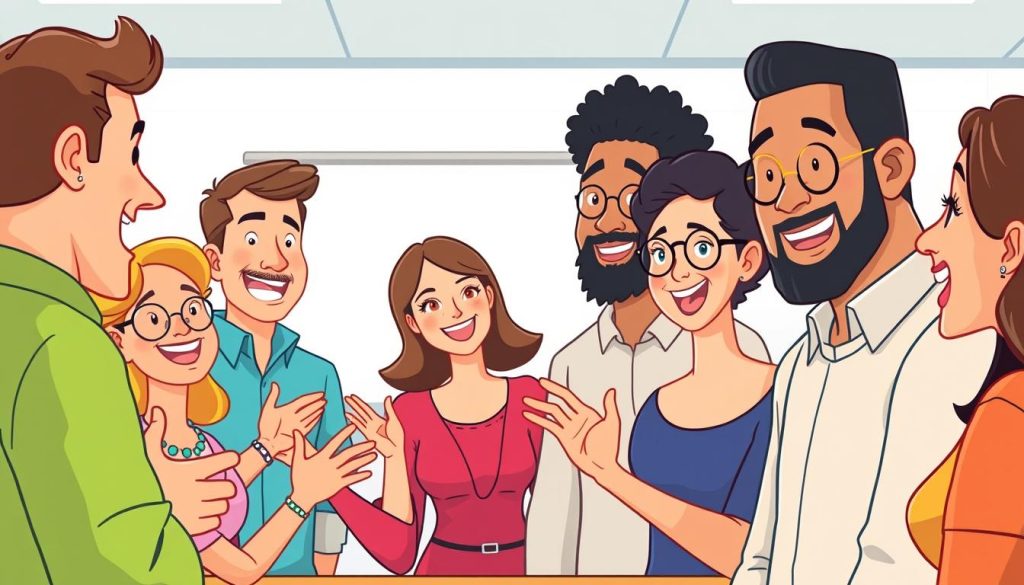 A vibrant, playful illustration of a group of diverse adult learners engaged in a lively discussion, their faces animated with enthusiasm. The foreground features a mix of cartoon-style characters gesturing animatedly, their expressions conveying a sense of active participation and exchange of ideas. The middle ground showcases a simple, clean-lined classroom setting, with a whiteboard or projection screen in the background. The overall mood is one of collaborative learning, with a bright, welcoming color palette and a sense of energy and engagement. The lighting is soft and natural, creating a warm, inviting atmosphere conducive to productive feedback and discussions.