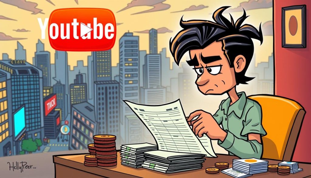 A vibrant, satirical cartoon depicting a YouTuber scrutinizing their earnings statement. In the foreground, the YouTuber, a quirky, animated character, sits at a desk, furrowing their brow as they pore over a spreadsheet, surrounded by stacks of bills and coins. The middle ground features a stylized YouTube logo, its iconic play button casting a warm glow. In the background, a lively cityscape with skyscrapers and bustling streets, hinting at the broader digital landscape. The scene is rendered in a bold, whimsical style, using a vibrant color palette to convey the mixed emotions of financial analysis and artistic expression.