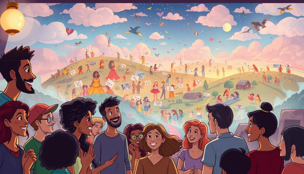 A vibrant scene depicting personal stories, with a warm, inviting atmosphere. In the foreground, a group of diverse individuals sharing their experiences, expressions animated and engaging. The middle ground showcases a rich tapestry of narratives, each person's journey uniquely represented through colorful, stylized illustrations. The background reveals a dreamlike landscape, where memories and emotions intertwine, creating a sense of introspection and connection. Soft lighting illuminates the scene, casting a gentle, encouraging glow. Visually striking, this image captures the essence of personal storytelling, inviting the viewer to immerse themselves in the captivating world of personal narratives. A vibrant scene depicting personal stories, with a warm, inviting atmosphere. In the foreground, a group of diverse individuals sharing their experiences, expressions animated and engaging. The middle ground showcases a rich tapestry of narratives, each person's journey uniquely represented through colorful, stylized illustrations. The background reveals a dreamlike landscape, where memories and emotions intertwine, creating a sense of introspection and connection. Soft lighting illuminates the scene, casting a gentle, encouraging glow. Visually striking, this image captures the essence of personal storytelling, inviting the viewer to immerse themselves in the captivating world of personal narratives.