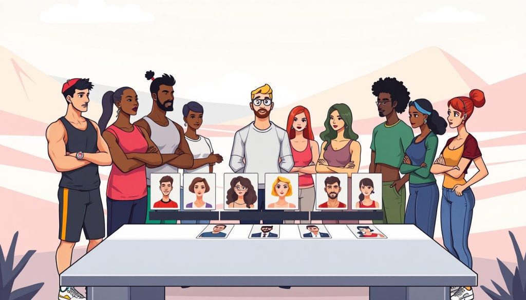A vibrant scene depicting the process of celebrity selection. In the foreground, a group of diverse individuals - athletes, fitness experts, and social media influencers - stand together, their expressions contemplative as they evaluate a collection of celebrity headshots displayed on a sleek, minimalist table. The middle ground showcases a range of celebrity profiles, each one possessing a distinct personality and appeal. The background is a stylized, abstract landscape, with bold, geometric shapes and a soft, muted color palette that creates a sense of balance and harmony. The overall mood is one of thoughtful consideration, as the characters carefully weigh the pros and cons of each celebrity partnership, seeking the perfect match for their collaborative YouTube channel venture.