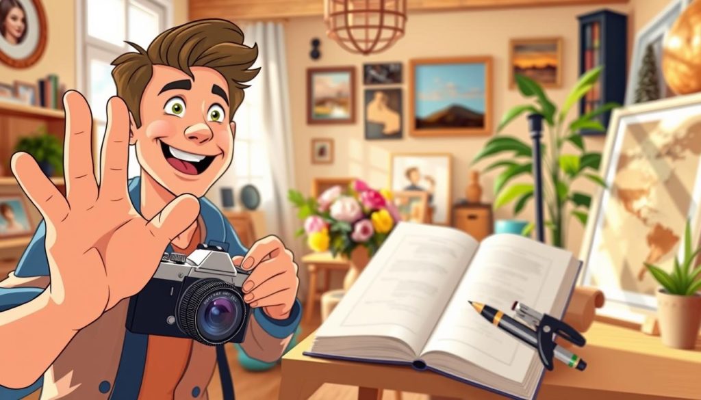 A vibrant scene of a photographer capturing various captivating subjects. In the foreground, a close-up of a dynamic figure gesturing passionately, their face filled with enthusiasm. In the middle ground, a collection of intriguing objects - a vintage camera, a bouquet of flowers, and an open sketchbook. The background showcases a cozy, sun-drenched studio space, with warm lighting accentuating the creative atmosphere. The overall composition conveys a sense of inspiration, creativity, and the joy of exploring diverse photographic subjects. Rendered in a whimsical, cartoon-like style, the image captures the essence of an engaging YouTube channel dedicated to photography education for beginners over 40.