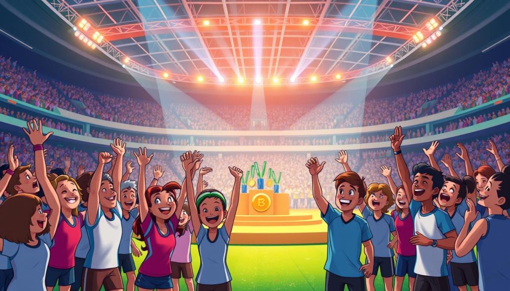 A vibrant scene of a sports awards ceremony, filled with energetic athletes celebrating their victories. In the foreground, a group of cartoon characters in sporty outfits enthusiastically raising their hands, faces beaming with joy. The middle ground features a podium with gold, silver, and bronze medals, surrounded by cheering crowds. In the background, a grand stadium with a dynamic lighting setup, casting a warm glow over the lively proceedings. The overall atmosphere is one of excitement, camaraderie, and a sense of accomplishment, perfectly capturing the essence of an engaging sports awards event.