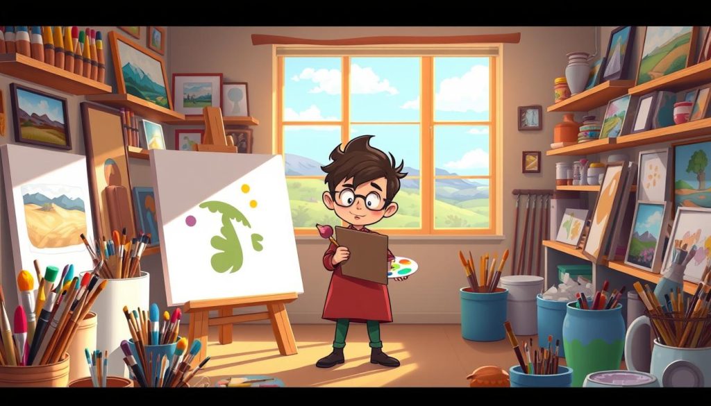 A vibrant scene of an art studio filled with colorful brushes, paints, and a large canvas on an easel. In the foreground, a whimsical cartoon character dressed in an artist's smock stands before the canvas, palette in hand, deep in concentration as they bring their artistic vision to life. The middle ground features shelves brimming with various art supplies and framed paintings, while the background showcases a window overlooking a serene landscape. Warm, natural lighting bathes the entire scene, creating a cozy and inspiring atmosphere for the artistic process. The overall mood is one of creative passion and the joy of self-expression. A vibrant scene of an art studio filled with colorful brushes, paints, and a large canvas on an easel. In the foreground, a whimsical cartoon character dressed in an artist's smock stands before the canvas, palette in hand, deep in concentration as they bring their artistic vision to life. The middle ground features shelves brimming with various art supplies and framed paintings, while the background showcases a window overlooking a serene landscape. Warm, natural lighting bathes the entire scene, creating a cozy and inspiring atmosphere for the artistic process. The overall mood is one of creative passion and the joy of self-expression.