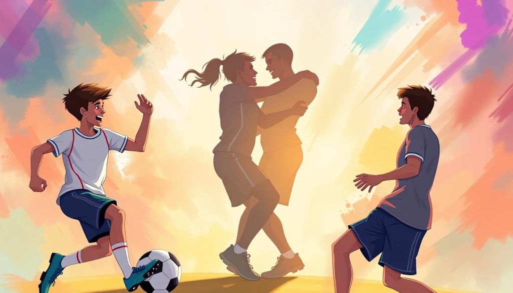 A vibrant sports illustration showcasing the powerful bonds of friendship. In the foreground, two athletes in dynamic poses - a soccer player and a basketball player - engaged in a playful game, their expressions radiating joy and camaraderie. The middle ground features a larger-than-life depiction of the athletes' silhouettes, intertwined in a symbolic embrace, representing the deep connection that fuels their athletic pursuits. The background is a kaleidoscope of colorful brushstrokes, evoking a sense of boundless energy and inspiration. The lighting is warm and inviting, casting a glow over the scene, capturing the essence of how meaningful friendships can ignite the spirit and elevate performance in the world of sports.