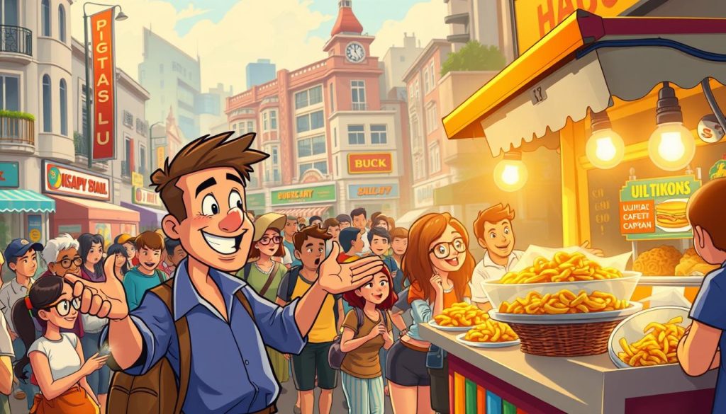 A vibrant street scene of a bustling food stall, with a charismatic vendor captivating passersby. In the foreground, the vendor gestures animatedly, their face radiating warmth and enthusiasm as they showcase their tempting array of delectable street food. The middle ground is filled with a crowd of diverse onlookers, their expressions a mix of intrigue and delight, drawn in by the vendor's engaging personality. In the background, the urban landscape provides a lively, colorful backdrop, complete with architectural details and a hint of movement, creating a sense of energy and dynamism. The lighting is warm and inviting, casting a golden glow that enhances the overall atmosphere of the scene, conveying a mood of captivating allure and irresistible culinary temptation.