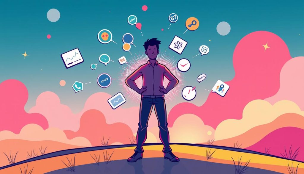 A vibrant, stylized illustration depicting the concept of personal branding. In the foreground, a confident individual stands with an empowered pose, their silhouette formed by a glowing, colorful aura. In the middle ground, various icons and symbols representing different aspects of personal brand identity float and swirl around the central figure, such as a signature, a recognizable logo, and a social media icon. The background is a dreamlike landscape, with abstract shapes and patterns in complementary hues that create a sense of movement and energy. The overall atmosphere is one of personal growth, creativity, and the power of cultivating a strong, distinctive brand.