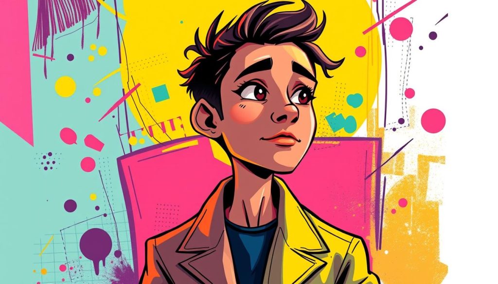 A vibrant, stylized self-portrait of a person with a unique and expressive visual style. The character is shown in a dynamic, three-quarter view, with a confident, introspective expression. They are surrounded by a bold, abstract background featuring a mix of vivid colors and dynamic shapes, conveying a sense of creative energy and personal flair. The lighting is warm and dramatic, highlighting the character's distinctive features and fashion sense. The overall visual style blends cartoon-like elements with a sophisticated, illustrative quality, capturing the essence of finding one's unique creative voice. A vibrant, stylized self-portrait of a person with a unique and expressive visual style. The character is shown in a dynamic, three-quarter view, with a confident, introspective expression. They are surrounded by a bold, abstract background featuring a mix of vivid colors and dynamic shapes, conveying a sense of creative energy and personal flair. The lighting is warm and dramatic, highlighting the character's distinctive features and fashion sense. The overall visual style blends cartoon-like elements with a sophisticated, illustrative quality, capturing the essence of finding one's unique creative voice.