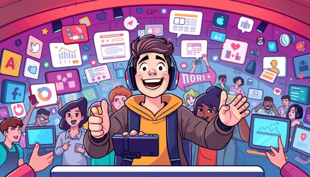 A vibrant, whimsical cartoon illustration showcasing the key strategies for attracting and retaining an audience. In the foreground, a charismatic, energetic YouTuber gamer engages with an eager, diverse group of fans. Utilizing dynamic camera angles and a vibrant color palette, the middle ground depicts eye-catching content creation tools, trending topics, and interactive features that captivate the viewer's attention. The background sets the scene with a bustling online community, filled with social media platforms, analytical dashboards, and collaborative workspaces - all working in harmony to cultivate a loyal, engaged audience.