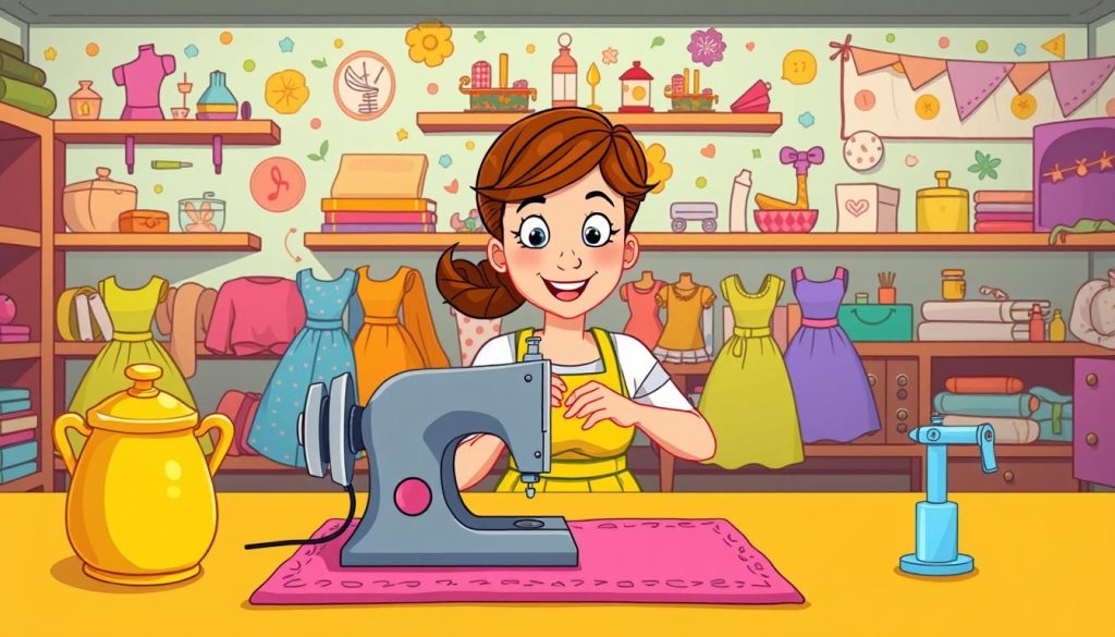 A vibrant, whimsical cartoon scene depicting a step-by-step video tutorial on sewing and dressmaking. In the foreground, a friendly, animated seamstress character demonstrates a sewing technique using a vintage-style sewing machine. Behind her, colorful fabric bolts, sewing notions, and tools fill the middle ground, creating a cozy, inviting workspace. In the background, playful patterns and stylized illustrations of sewing-related objects set the mood for an engaging, educational experience. Warm, soft lighting casts a pleasant glow, and the composition is balanced, drawing the viewer's eye to the central tutorial demonstration. The overall style is charming, accessible, and designed to inspire viewers to explore the joys of garment construction.
